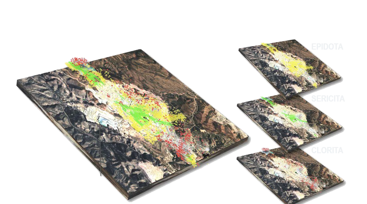 Capas separadas de epidota, sericita y clorita sobre el modelo de una mina