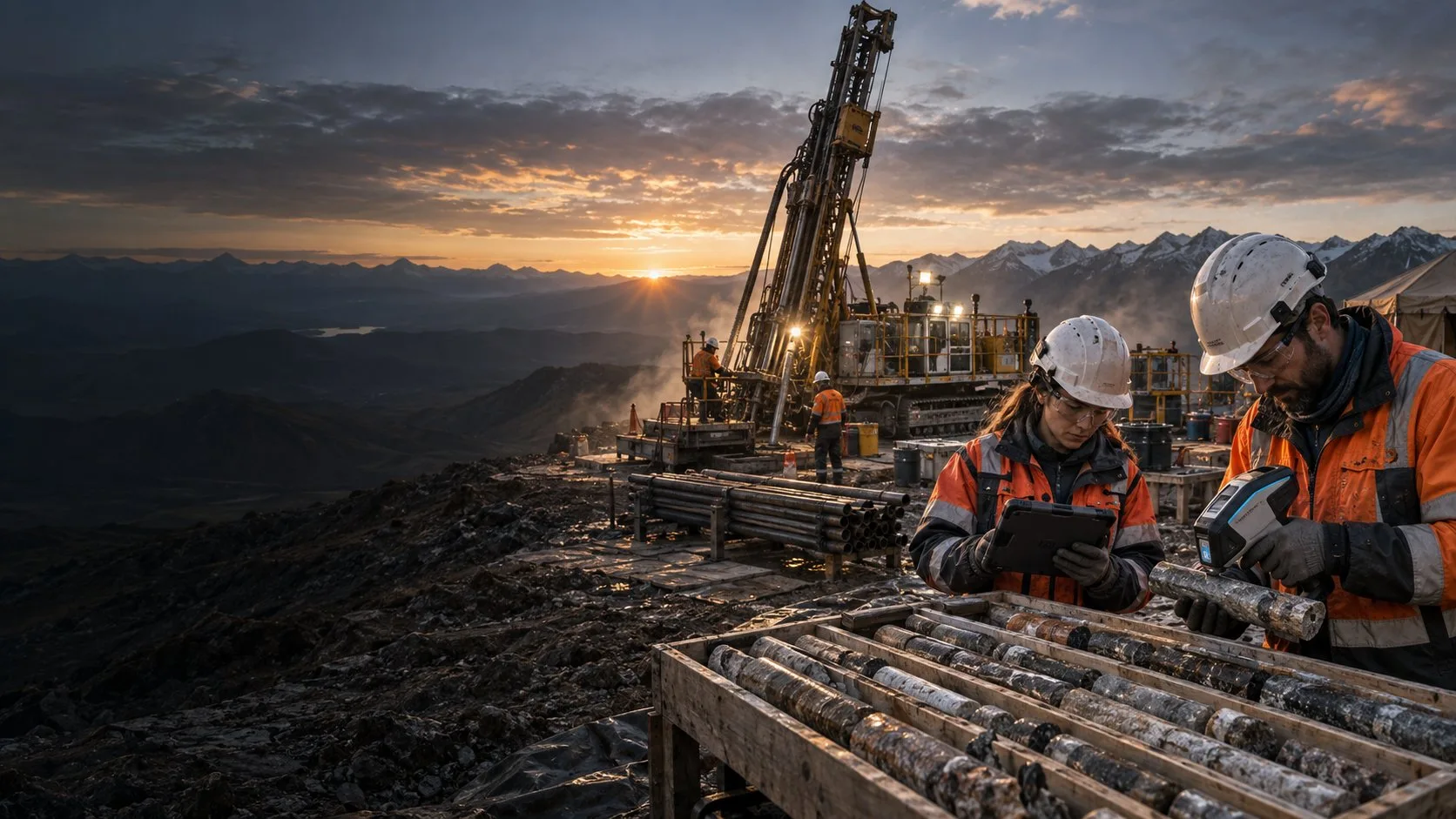 Equipo de exploración revisando núcleos junto a una perforadora de diamante al amanecer