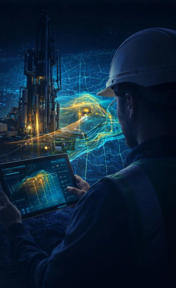 Ingeniero revisando datos de exploración en una tableta