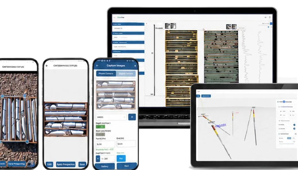 Plataforma de logueo geológico digital en computadora, tableta y celular