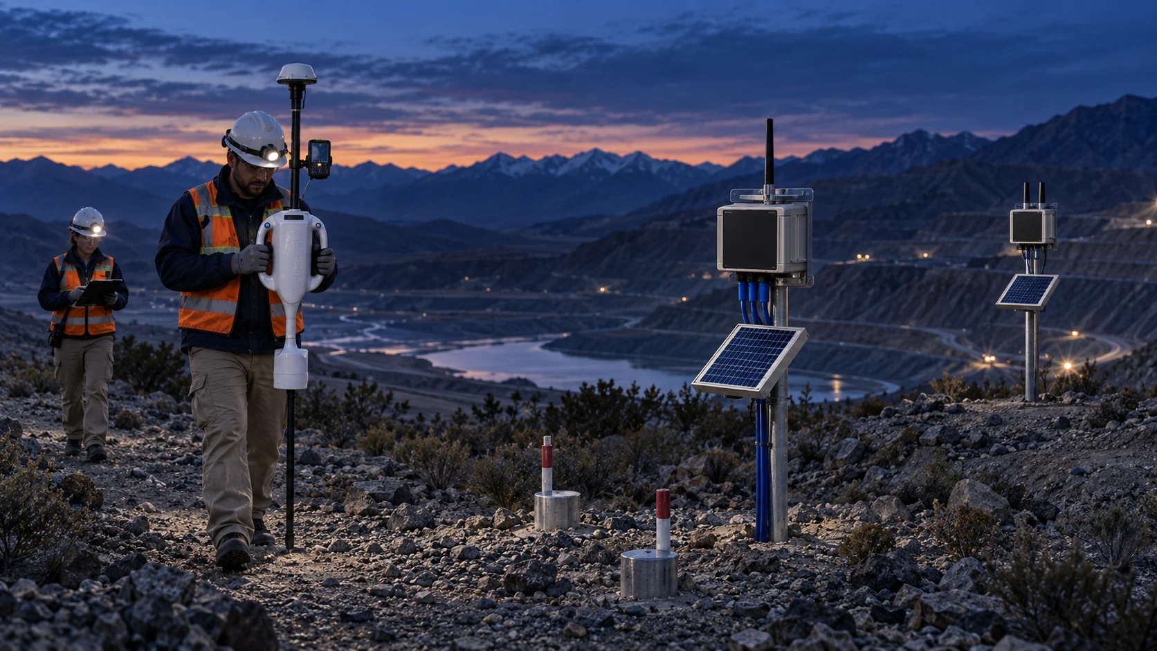 Técnicos de Proinfra levantando piezómetros y estaciones de monitoreo junto a un embalse minero