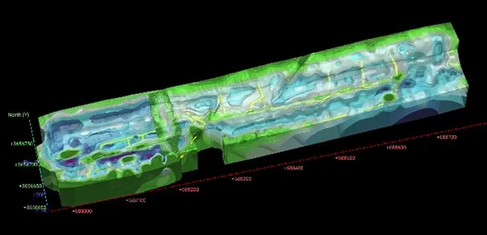 Vista 3D del volumen investigado bajo una pileta de lixiviación